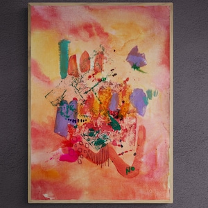 May include: Abstract painting on canvas with a mix of red, orange, yellow, green, purple, and pink colors. The painting has a textured surface and includes a few black dots and circles.