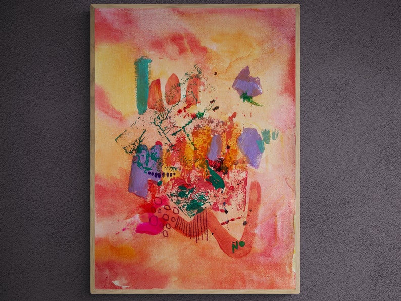 May include: Abstract painting on canvas with a mix of red, orange, yellow, green, purple, and pink colors. The painting has a textured surface and includes a few black dots and circles.