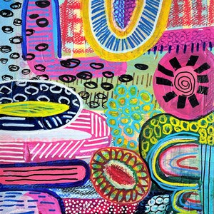 以下が含まれることがあります： カラフルな幾何学模様の抽象画。絵画には、ピンク、ブルー、イエロー、グリーン、ブラックなど、さまざまな色の円、正方形、長方形など、さまざまな形が描かれています。