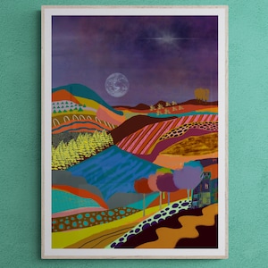 May include: A colorful abstract painting of a landscape with hills, trees, and a house. The sky is purple with a white moon and stars. The hills are a mix of green, brown, orange, and pink.