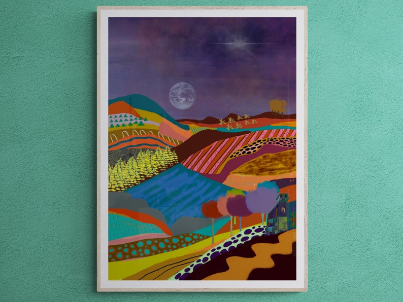 May include: A colorful abstract painting of a landscape with hills, trees, and a house. The sky is purple with a white moon and stars. The hills are a mix of green, brown, orange, and pink.