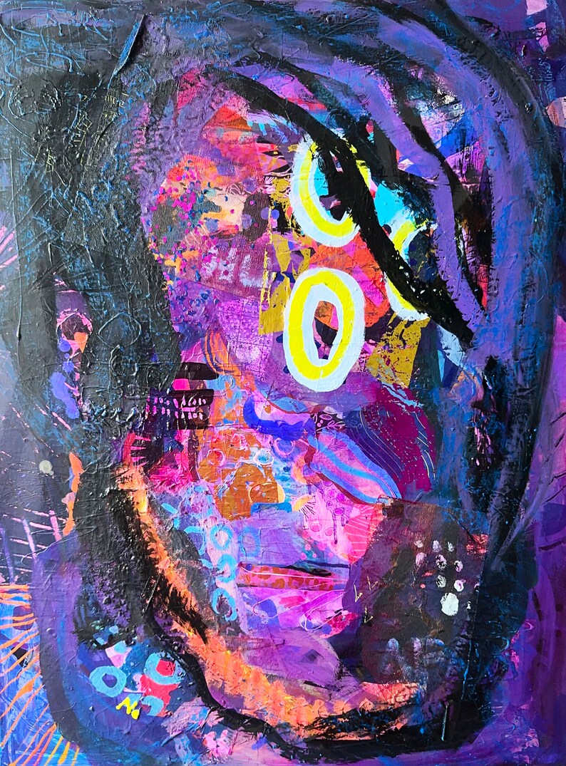 May include: Abstract painting with a purple background and black, yellow, and blue accents. The painting features a face with a large black eye and a yellow circle around it.