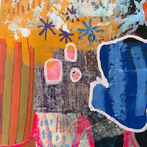 May include: An abstract painting on canvas featuring a vibrant mix of orange, deep blue, and hot pink colors. The composition includes layered textures, hand-painted star shapes in purple and blue, and visible collage elements with printed text fragments.