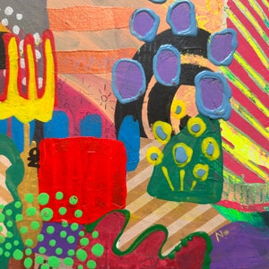 May include: Abstract painting with a colorful, geometric design. The painting features a variety of shapes, including circles, squares, and rectangles, in shades of red, yellow, green, blue, and purple. The painting is set against a background of stripes and dots.