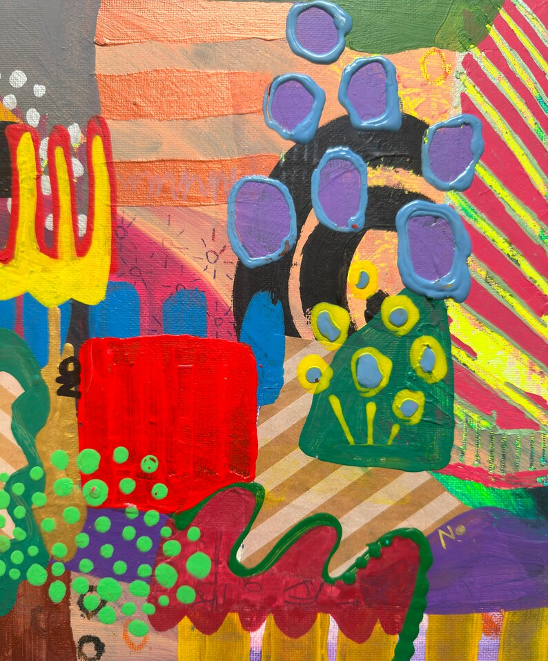 May include: Abstract painting with a colorful, geometric design. The painting features a variety of shapes, including circles, squares, and rectangles, in shades of red, yellow, green, blue, and purple. The painting is set against a background of stripes and dots.