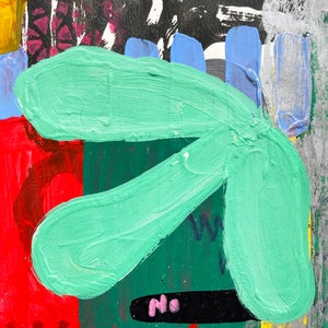 May include: Abstract painting with a green, blue, and red color scheme. The painting features a large green shape in the center, with black stripes at the bottom. The text "No" is written in pink on the black stripes.