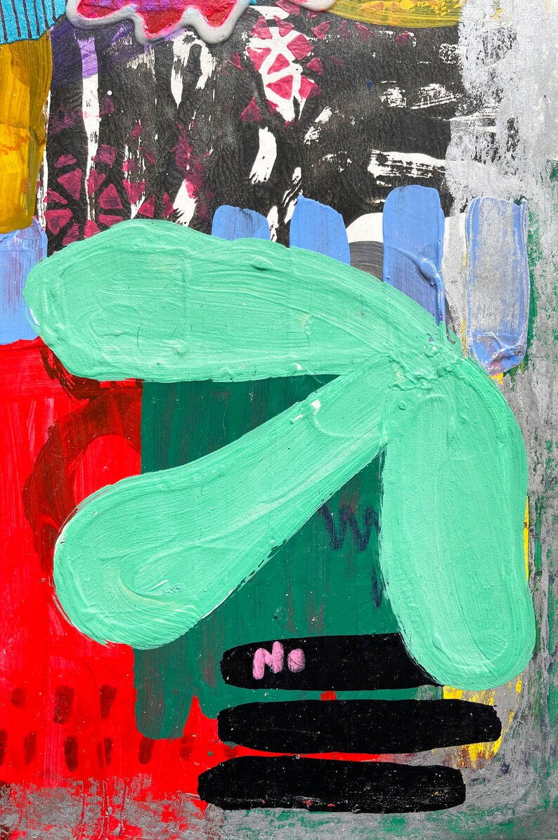 May include: Abstract painting with a green, blue, and red color scheme. The painting features a large green shape in the center, with black stripes at the bottom. The text "No" is written in pink on the black stripes.