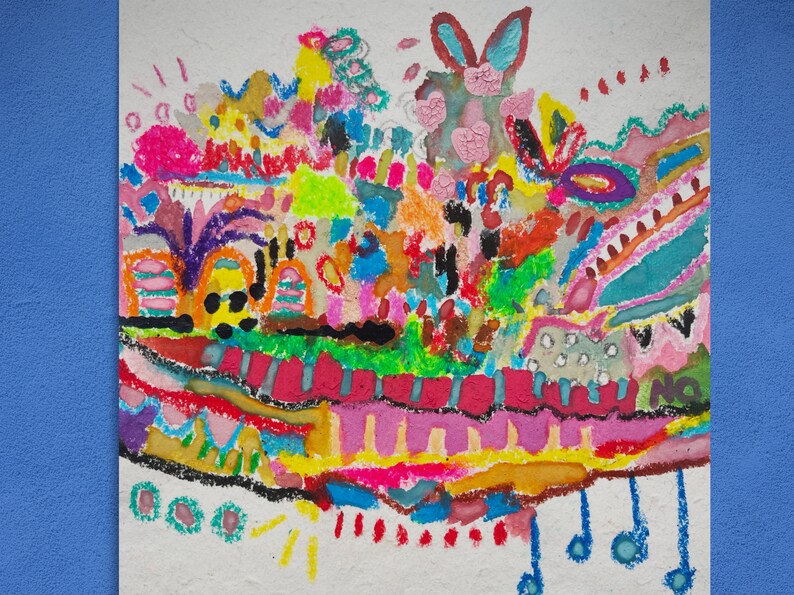 May include: An abstract painting with a colourful, whimsical design. The painting features a variety of shapes, lines, and colours, including pink, blue, green, yellow, and orange. The painting is done in a style that is reminiscent of children's art.