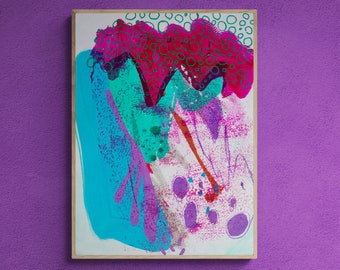 May include: Abstract painting with a pink, blue, and purple color scheme. The painting features a large pink shape with green circles and a blue and purple shape with a splatter effect.