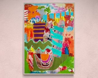 Op de afbeelding: Abstract schilderij met een kleurrijk, gelaagd ontwerp. Het schilderij toont een verscheidenheid aan vormen en kleuren, waaronder groen, blauw, oranje, paars en rood. Het schilderij is ingelijst in een wit frame.