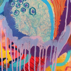 May include: Abstract painting featuring vibrant colours, including blue, purple, orange, yellow, and pink. The paint is applied in a thick, textured style, creating a sense of movement and energy.