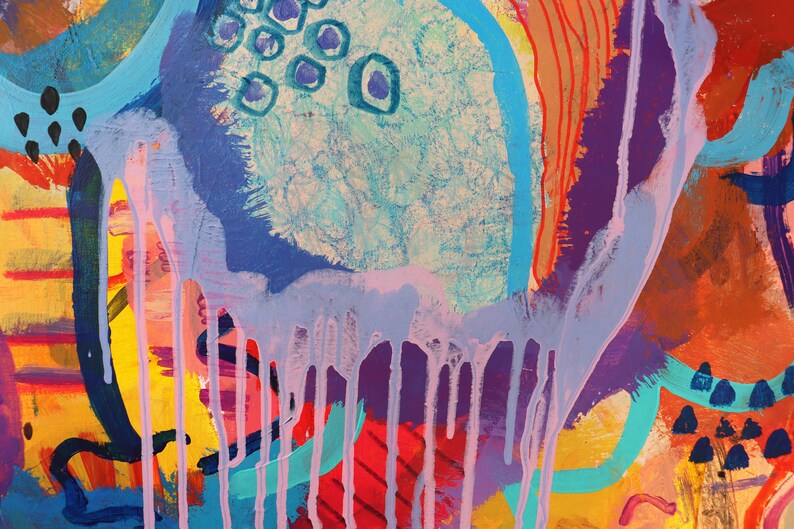 May include: Abstract painting featuring vibrant colours, including blue, purple, orange, yellow, and pink. The paint is applied in a thick, textured style, creating a sense of movement and energy.