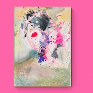 Puede incluir: Pintura abstracta con salpicaduras de pintura rosa, azul, amarilla y verde sobre un lienzo blanco. La pintura tiene una superficie texturizada y un marco.