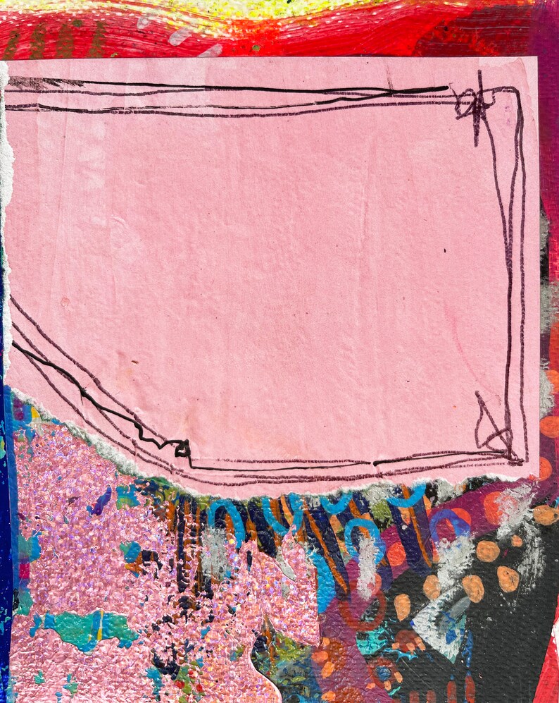 May include: Abstract mixed media artwork with a pink rectangular shape outlined in black, set against a backdrop of vibrant colours. The artwork features torn paper edges and a textured surface with splashes of blue, red, and yellow.