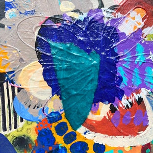 May include: Abstract painting featuring a teal, blue, purple, orange, yellow, and white colour scheme. The painting incorporates a variety of shapes and textures, including circles, dots, and stripes.