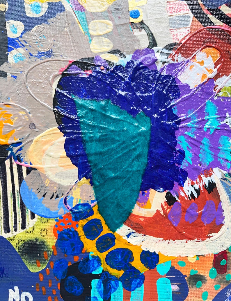 May include: Abstract painting featuring a teal, blue, purple, orange, yellow, and white colour scheme. The painting incorporates a variety of shapes and textures, including circles, dots, and stripes.