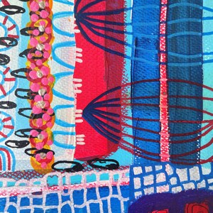 May include: Abstract painting with a mix of blue, red, pink, white, and black paint. The painting has a geometric pattern and a variety of textures.