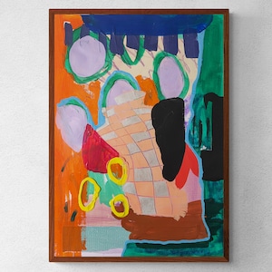 Peut inclure: Peinture abstraite dans un cadre en bois avec un motif g&eacute;om&eacute;trique color&eacute;. La peinture pr&eacute;sente un motif de grille, des cercles et des formes organiques dans des tons d'orange, de vert, de bleu, de rose et de brun.