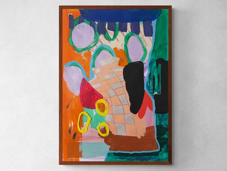 Peut inclure: Peinture abstraite dans un cadre en bois avec un motif g&eacute;om&eacute;trique color&eacute;. La peinture pr&eacute;sente un motif de grille, des cercles et des formes organiques dans des tons d'orange, de vert, de bleu, de rose et de brun.