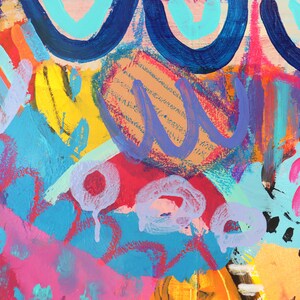 May include: Abstract painting featuring vibrant colours, including pink, blue, yellow, orange, and green. The artwork showcases bold brushstrokes and a range of shapes, such as circles, lines, and swirls.