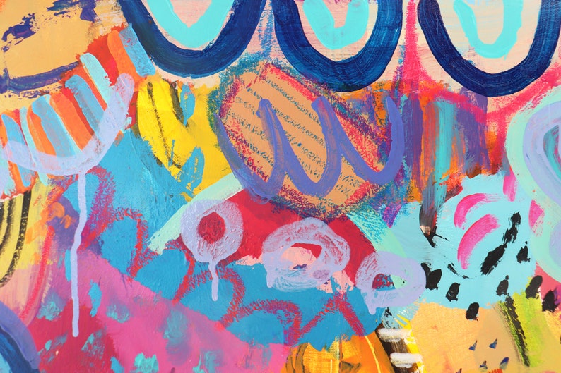 May include: Abstract painting featuring vibrant colours, including pink, blue, yellow, orange, and green. The artwork showcases bold brushstrokes and a range of shapes, such as circles, lines, and swirls.