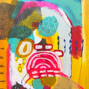 May include: Abstract painting with a yellow background, featuring a variety of shapes and colors, including blue, green, red, pink, and white. The painting has a textured surface and includes the word "NO" in black lettering.