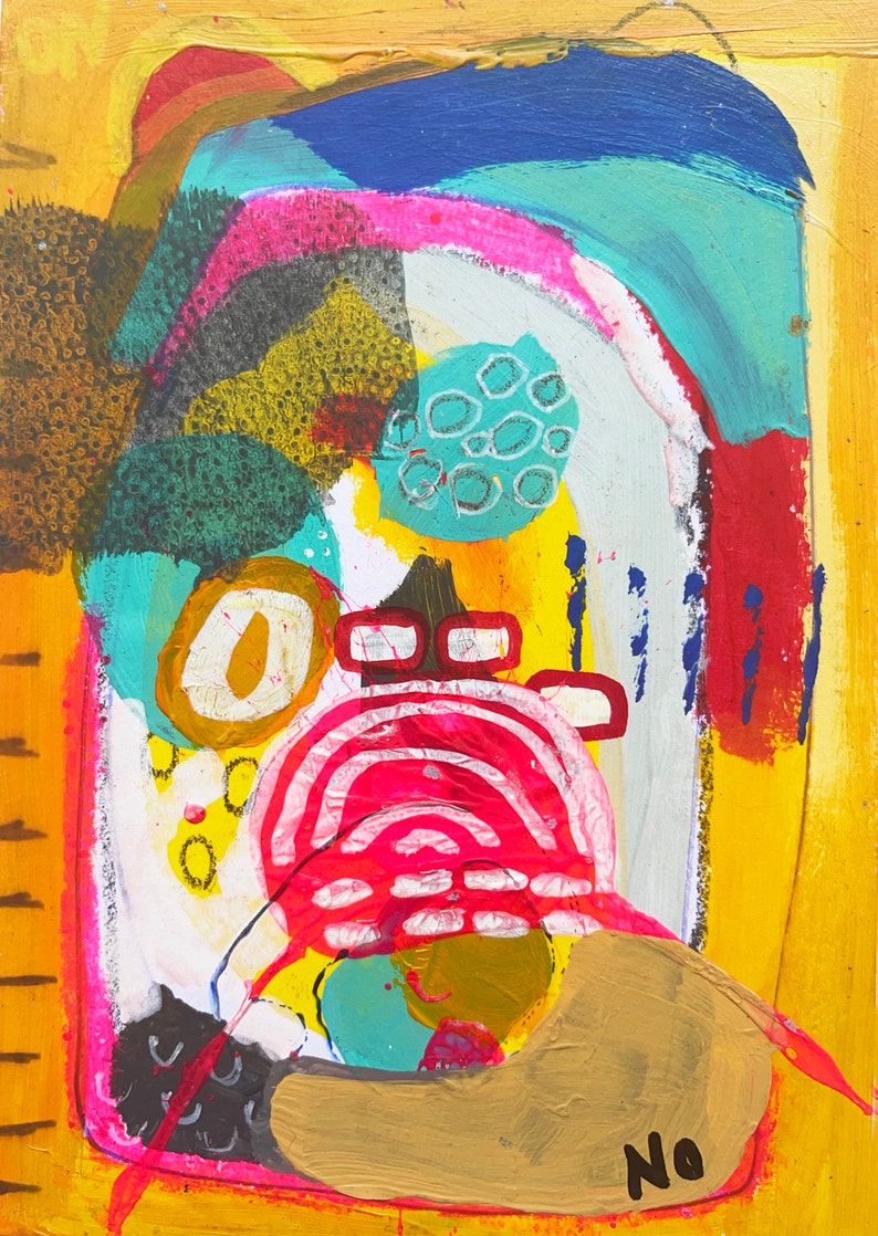 May include: Abstract painting with a yellow background, featuring a variety of shapes and colors, including blue, green, red, pink, and white. The painting has a textured surface and includes the word "NO" in black lettering.