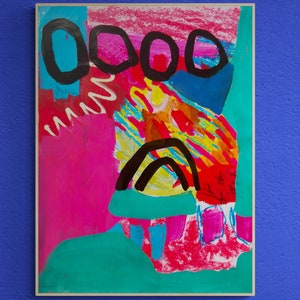 May include: Abstract painting featuring bold black shapes, bright pink, yellow, and turquoise colours. The painting has a textured surface and a modern style.