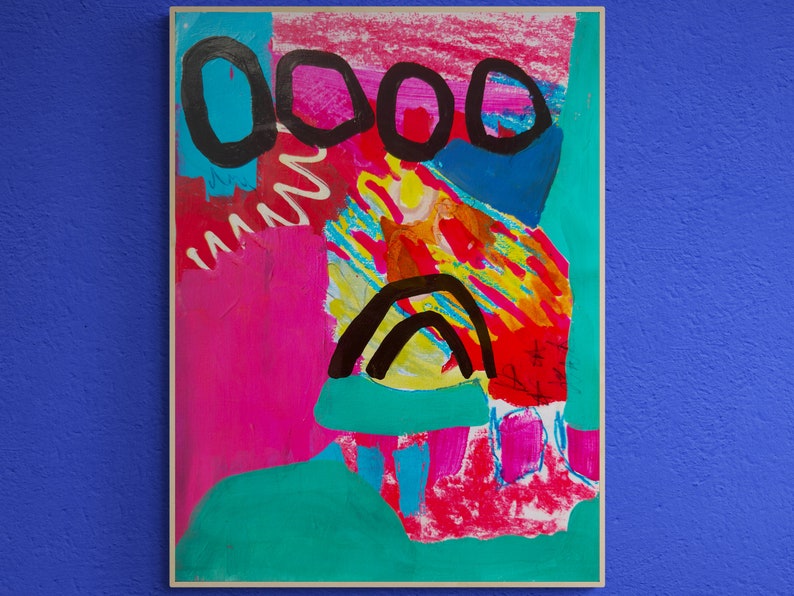 May include: Abstract painting featuring bold black shapes, bright pink, yellow, and turquoise colours. The painting has a textured surface and a modern style.