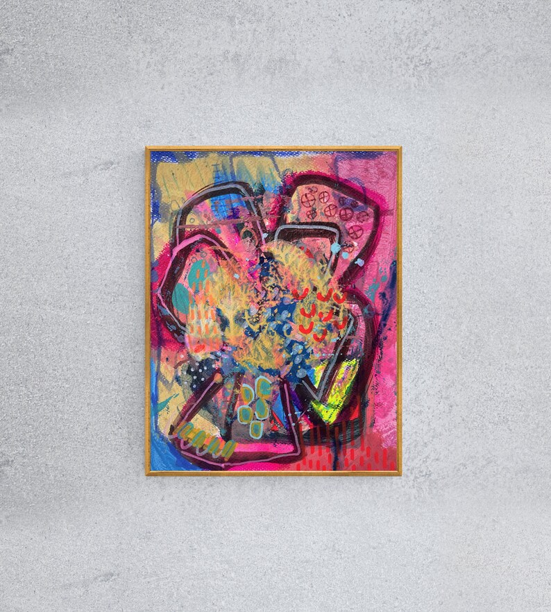 May include: Abstract painting in a gold frame with a pink, blue, yellow, and green color scheme. The painting features a variety of shapes and lines, creating a dynamic and energetic composition.