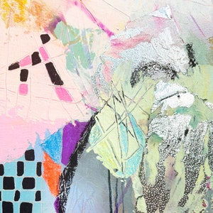 May include: Abstract painting with a mix of colors and textures, including black, white, pink, green, and silver. The painting has a layered and textured look, with some areas appearing to be collaged.