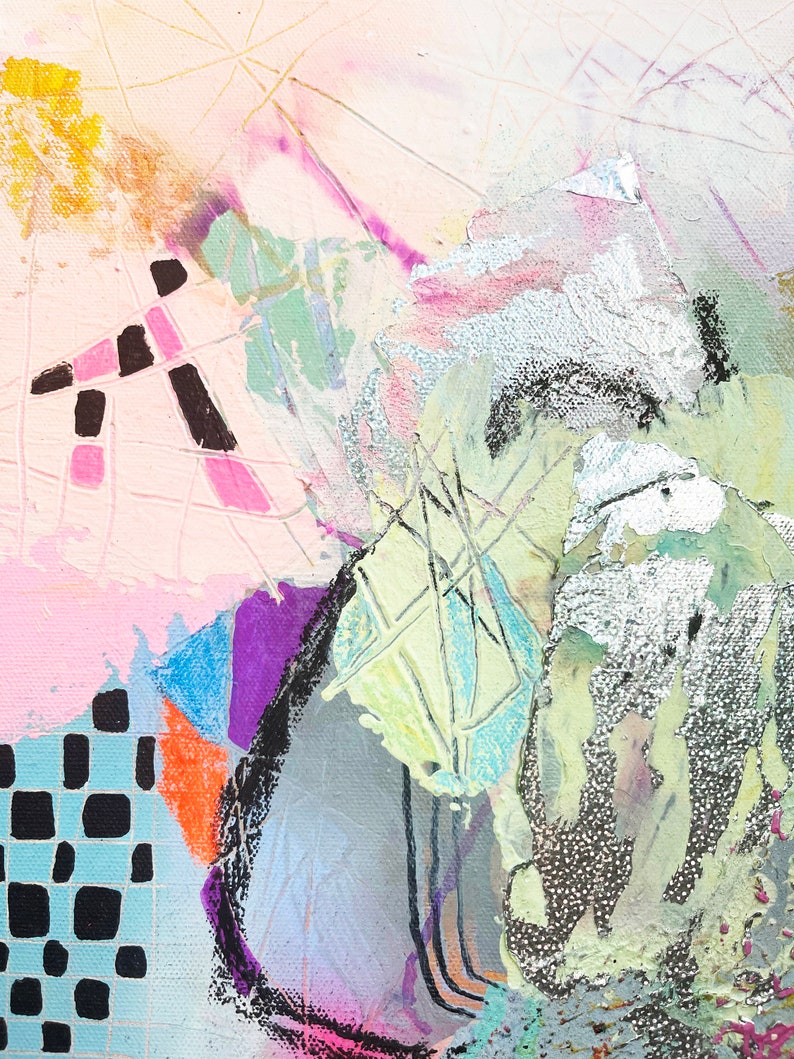 May include: Abstract painting with a mix of colors and textures, including black, white, pink, green, and silver. The painting has a layered and textured look, with some areas appearing to be collaged.