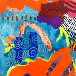 May include: Abstract painting with bright orange, blue, purple, and white paint. The painting has a layered, textured look with swirls and circles.
