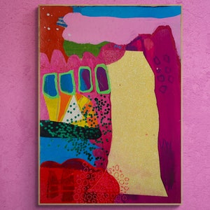 PDA, arte de parede de mídia mista em papelão reciclado, diário de arte, colagem de mídia mista, pintura moderna colorida, pintura expressionista abstrata