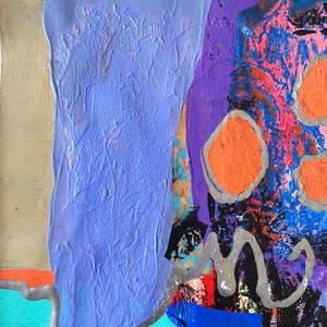 May include: Abstract painting with a purple, blue, orange, and gray color scheme. The painting features a textured blue background with a purple and orange abstract design.