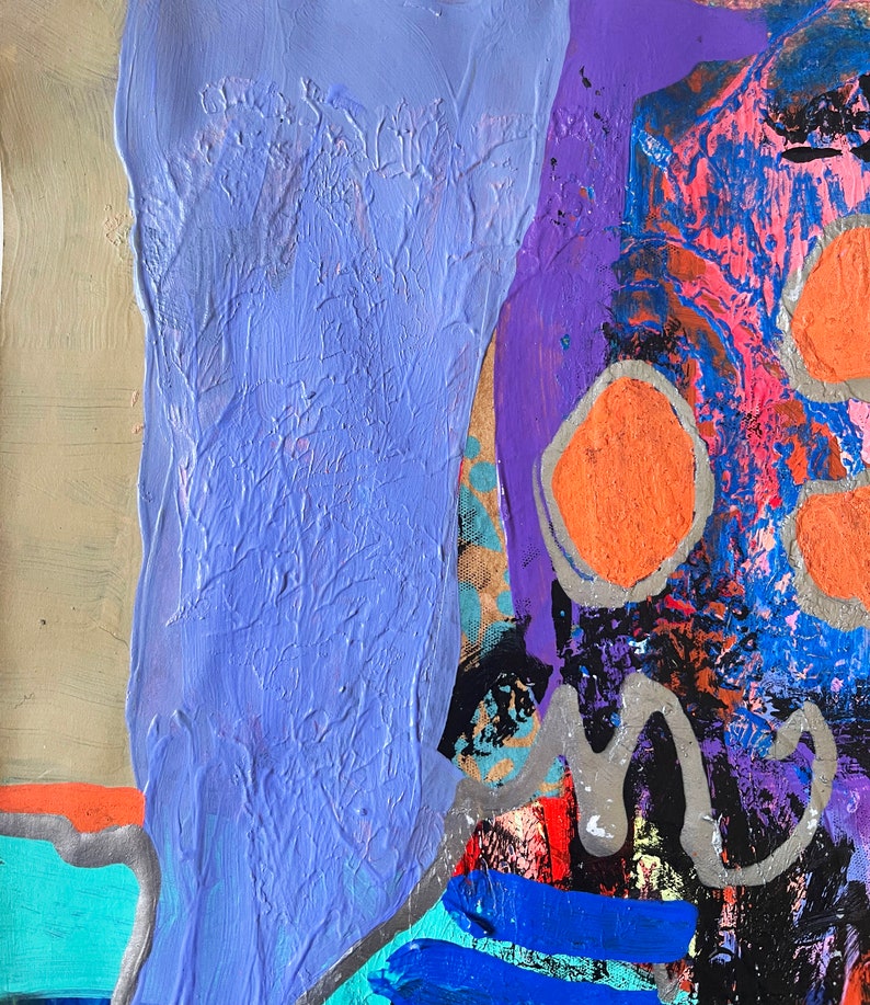 May include: Abstract painting with a purple, blue, orange, and gray color scheme. The painting features a textured blue background with a purple and orange abstract design.