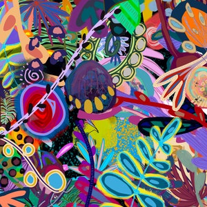 Pu&ograve; includere: Stampa digitale astratta che presenta un design colorato e vibrante con varie forme e motivi. L'opera &egrave; dominata da tonalit&agrave; di blu, verde, giallo e viola, creando una composizione visivamente stimolante ed energica.