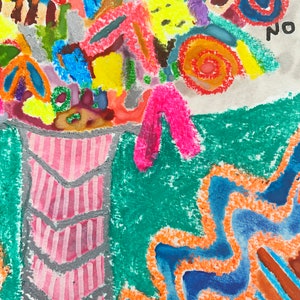 K&ouml;nnte beinhalten: Abstraktes Gem&auml;lde mit einem bunten Blumenstrau&szlig; in einer rosa-grauen gestreiften Vase. Der Hintergrund ist gr&uuml;n und blau mit orangefarbenen und wei&szlig;en Akzenten. Das Wort "NEIN" ist oben auf dem Gem&auml;lde in Schwarz geschrieben.