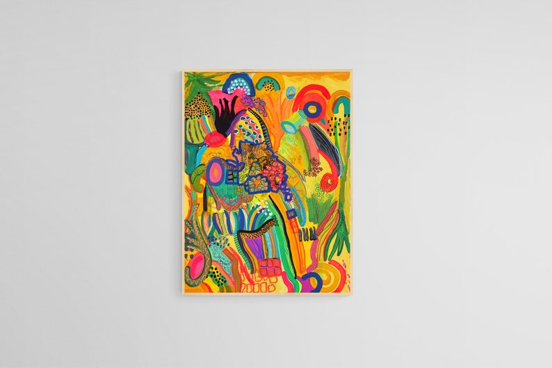 May include: Abstract painting with a yellow background and colorful shapes, lines, and patterns. The painting features a variety of colors, including red, orange, yellow, green, blue, purple, and black.
