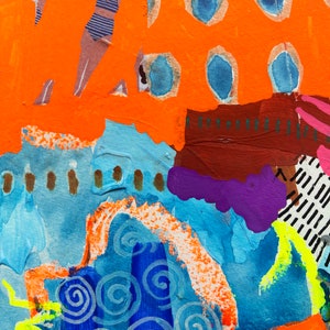 May include: Abstract painting with a collage style featuring a woman in a striped swimsuit, blue and orange swirls, and a bright orange background.