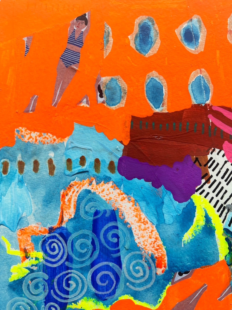 May include: Abstract painting with a collage style featuring a woman in a striped swimsuit, blue and orange swirls, and a bright orange background.