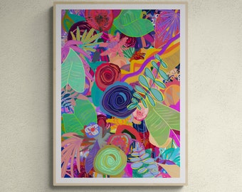 Può includere: Stampa d'arte astratta con un design floreale colorato in tonalità vivaci di rosa, blu, verde e giallo. La stampa presenta una varietà di fiori e foglie stilizzati, creando una composizione dinamica ed energica.