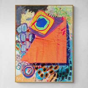 May include: Abstract painting with a bright orange, yellow, green, blue, and purple colour scheme. The painting features a large orange shape with a smaller blue circle inside. The painting is framed in a gold frame and has the text "No. 7" in the bottom left corner.