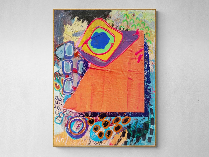 May include: Abstract painting with a bright orange, yellow, green, blue, and purple colour scheme. The painting features a large orange shape with a smaller blue circle inside. The painting is framed in a gold frame and has the text "No. 7" in the bottom left corner.