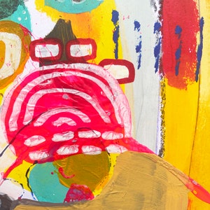 May include: Abstract painting with a mix of bright colors, including red, yellow, blue, and green. The painting features a large, circular shape in the center, with a smaller, circular shape inside. The painting also features a variety of lines and shapes, creating a dynamic and energetic composition. The word "No" is written in black at the bottom of the painting.