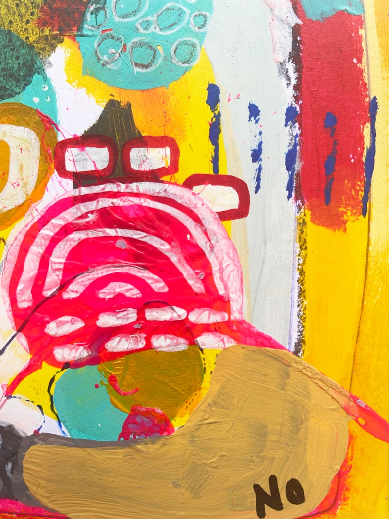 May include: Abstract painting with a mix of bright colors, including red, yellow, blue, and green. The painting features a large, circular shape in the center, with a smaller, circular shape inside. The painting also features a variety of lines and shapes, creating a dynamic and energetic composition. The word "No" is written in black at the bottom of the painting.