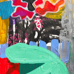 May include: Abstract painting with bold strokes of red, green, blue, black, and yellow paint. The painting features a large green shape in the foreground and a red and yellow shape in the background.