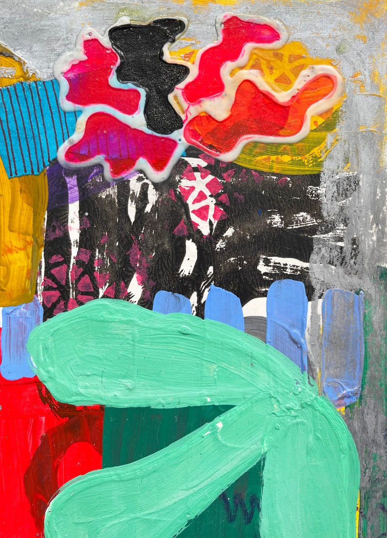May include: Abstract painting with bold strokes of red, green, blue, black, and yellow paint. The painting features a large green shape in the foreground and a red and yellow shape in the background.