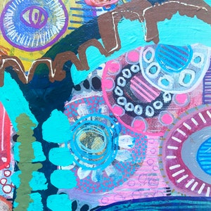 May include: Abstract painting with a colorful, layered design. The painting features circles, dots, and stripes in shades of blue, pink, green, yellow, and brown.