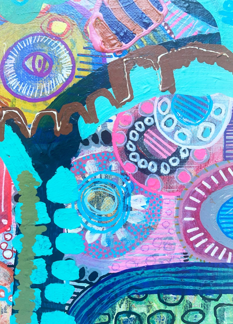 May include: Abstract painting with a colorful, layered design. The painting features circles, dots, and stripes in shades of blue, pink, green, yellow, and brown.